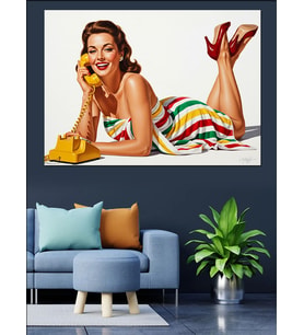 Vintage Pin-Up Telefonla Konuşan Kadın Dekoratif Kanvas - Mdf Ahşap Tablo