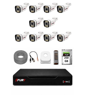 FURY 10 Kameralı 5MP Lens 1080P 6 Warm LED Renkli Gece Görüşlü Güvenlik Kamera Sistemi 250GB 1606