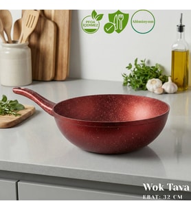 ARZU ÇELİK 32 Cm Granit Wok Tava - Kırmızı