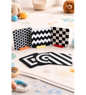 Bebekler İçin Siyah Beyaz Kontrast Tummy Time Kartları 12x12 CM Standlı Görsel Gelişim Kart Seti