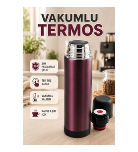 304 Paslanmaz Çelik Vakumlu Seyahat Termosu – Tek Tuş Kapaklı Kahve ve Çay Termosu