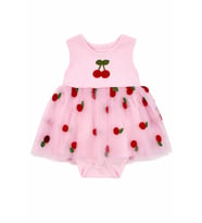 Kız Bebek Pembe Kırmızı Kiraz Nakışlı Tüllü Zıbınlı Elbise
