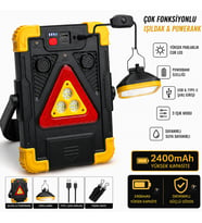 HB-7139 Solar Şarjlı Çok Fonksiyonlu Işıldak – 2400 mAh Powerbank, Harici Asma Lamba, Sesli Uyarı