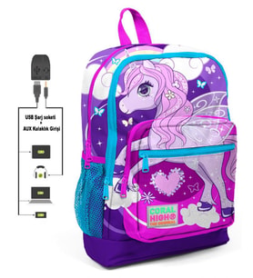 Coral High Mor Unicorn Baskılı İlkokul ve Günlük Sırt Çantası - Kız Çocuk - USB ve AUX Soketli