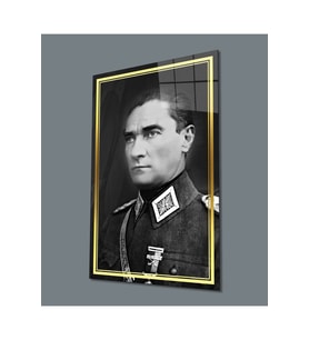 Miyrem Glasses Collection -A1^#  Gold Şerit Siyah Beyaz Atatürk Üniformalı Cam Tablo (Çok Renkli)