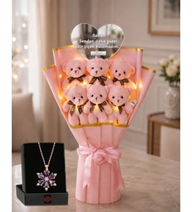 Kişiye Özel Led Işıklı Pembe Peluş Ayıcık Buketi Ve Lotus Çiçeği Kolye Sevgililer Günü Ayıcıklı Buket