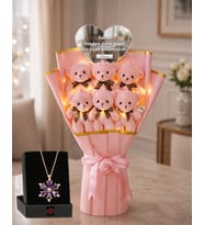 Kişiye Özel Led Işıklı Pembe Peluş Ayıcık Buketi Ve Lotus Çiçeği Kolye Sevgililer Günü Ayıcıklı Buket
