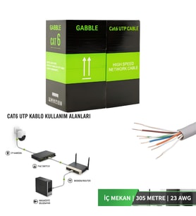 GABBLE Cat6 UTP 305 Metre İç Ortam Ethernet Ağ Kablosu 23 AWG Yüksek Hız (Gri)