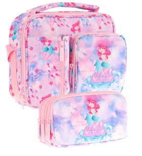 Kaukko Kids Kız Çocuk Pembe Mavi Denizkızı Desenli Üç Bölmeli Thermo Beslenme Çantası ve Kalemlik Seti (L7217+L8217)
