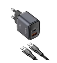 Gritty GAN 35W 2 Portlu USB-A Type-C PD Şarj Aleti Siyah+Type-C to Type-C Şarj Kablosu (GC-U35CC)