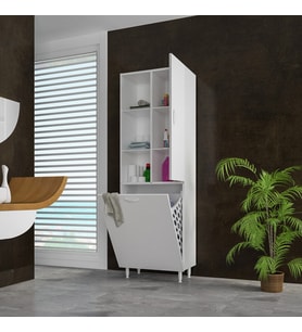 Modilayn Kirli Çamaşır Dolabı Düşer Kapaklı Banyo Dolabı Sepetli Çok Amaçlı Dolap (Beyaz)