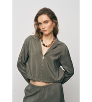 Kadın Comfort Kapüşonlu Fermuarlı Beli Lastikli Crop Ceket (Haki)