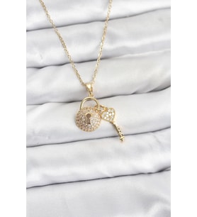 316L Çelik Zincir Gold Renk Kilit Anahtar Model Zirkon Taşlı Kadın Kolye 5886 - EEEEEE7214-5705