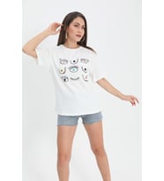 Tshirt Göz Baskılı Bisiklet Yaka - Ekru