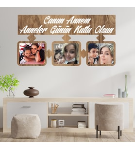 Anneler Gününe Özel Canım Annem Yazılı 3 Fotoğraflı Ahşap Tablo