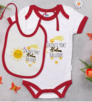 BK Kids Sıkıntı Yok Halam Halleder Tasarımlı Kırmızı Bebek Body Zıbın ve Mama Önlüğü Hediye Seti-1