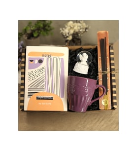 Kişiye Özel Desenli Defter & Mor Kupa Bardak & Melek Kar Küre & Tütsü Tabağı & Tütsü Hediye Seti