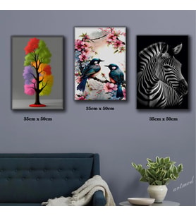zebra dalda 2 kuş renkli çiçek tablosu 3 adet 35cmx50cm kumaş baskılı canvas tablo