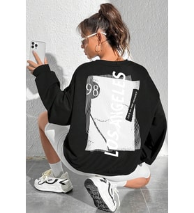 Unisex Los Angles Baskılı Bisiklet Yaka Sweatshirt (Siyah)