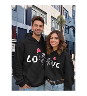 Sevgili Çift Kombini Love Baskılı Kapüşonlu Sweatshirt 2li Set Takım 3 İplik Pamuk (Siyah)