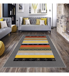 Gri Kilim Desenli Yıkanabilir Kaymaz Taban Leke Tutmaz Modern Salon Halısı ve Yolluk (Sarı)