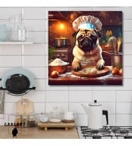Kare Kanvas Mutfak Tablosu Aşçı Hayvanlar Pug Köpek