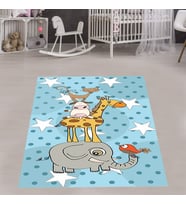 Fil Zürafa İnek Kedi Kuş Desen Dijital Baskı Yıkanabilir Kaymaz Taban Çocuk ve Bebek Odası Halısı (Mavi)