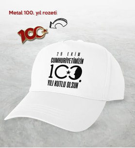 BK Gift 100. Yıl Hatırası Beyaz Şapka ve Gold Metal Rozet Hediye Seti-3, 29 Ekim Hediyesi, Cumhuriyet Bayramı, 100.Yıl Hediyesi
