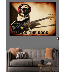 Gitar Çalan Sevimli Pug Köpeği Dekoratif Kanvas - Mdf Ahşap Tablo