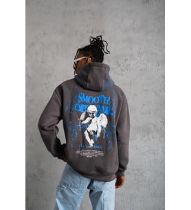Erkek 3 İplik Pamuklu Kapüşonlu Baskılı Cepli Oversize Sweatshirt Hoodie - Gri