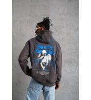 Erkek 3 İplik Pamuklu Kapüşonlu Baskılı Cepli Oversize Sweatshirt Hoodie - Gri