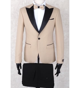 Jan Carlucci Slim Fit Sivri Yaka-Çift Yırtmaç Bej Rengi Drop 6 Damatlık Smokin - Full Set Yelek, Gömlek, Papyon