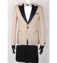 Jan Carlucci Slim Fit Sivri Yaka-Çift Yırtmaç Bej Rengi Drop 6 Damatlık Smokin - Full Set Yelek, Gömlek, Papyon