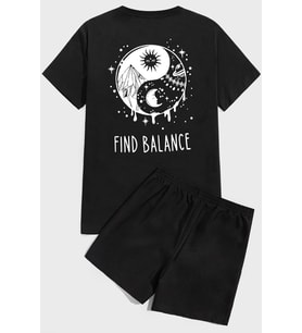Yin & Yang Baskı Şort Takım (Siyah)
