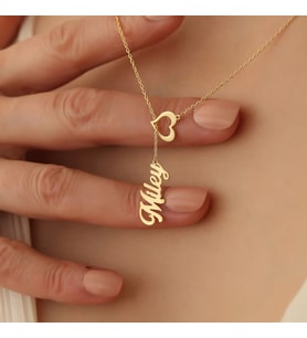 Kişiye Özel 925 Ayar Gümüş İç İçe Tasarım Kalp İsim Kolye (Gold)
