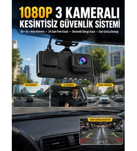 3 Kameralı Araç İçi DVR Kayıt Cihazı Ön İç Arka Kamera Full HD
