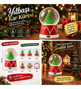 2027 Yeni Yıl Noel Çam Ağacı Temalı Işıklı Kar Küresi Yılbaşı Hediyesi 6.5 cm