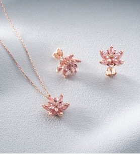 925 Ayar Gümüş Pembe Lotus Çiçeği Kolye Küpe Seti