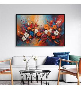 Yağlı Boya Dokulu Tablo Soyut Renkli Bahar Çiçekleri Siyah Çerçeveli U02039