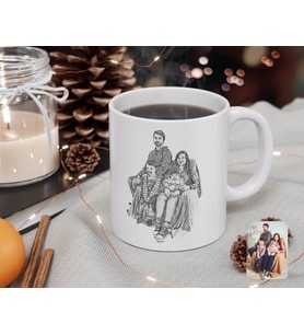 BK Gift Kişiye Özel Tam Boy Karakalem Aile Beyaz Kupa Bardak-2