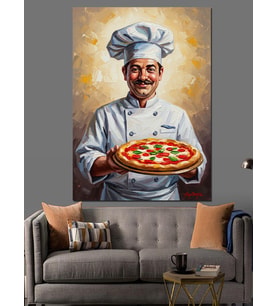 Pizza Sunan Güler Yüzlü Şef Dekoratif Kanvas - Mdf Ahşap Tablo