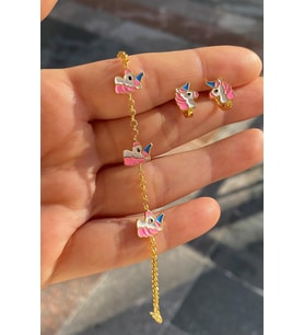 Gümüş unicorn çocuk küpe bileklik takım (Sarı)