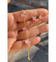 Gümüş unicorn çocuk küpe bileklik takım (Sarı)