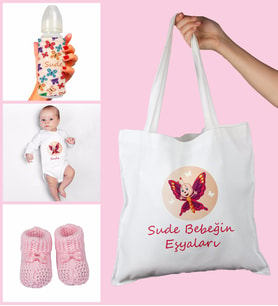 eJOYA Bebeklere Özel Çantasında Kişiye Özel Zıbın Biberon Ve Patik Bebek Hediye Seti 109799 (Pembe)