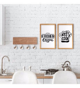 BK Home Doğal Ahşap Dekoratif Fincan Askılığı ve 2’li Mutfak Konseptli Ahşap Tablo-3 (Beyaz)