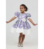 Babyhola 1-10 Yaş Balon Kol Çiçek Desenli Saten Kız Çocuk Abiye Balo Elbise 7153 (Mor)