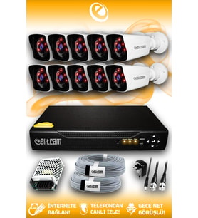 ELITCAM 10 Kameralı Kare 10 Dış Kamera Set HDD'siz Full HD Gece Görüşlü Güvenlik Kamerası Sistemi