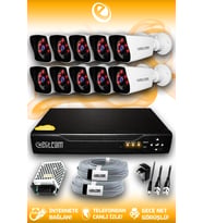 ELITCAM 10 Kameralı Kare 10 Dış Kamera Set HDD'siz Full HD Gece Görüşlü Güvenlik Kamerası Sistemi