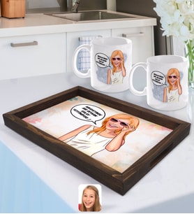 BK Gift Kişiye Özel Kadın Nihayetinde Karikatürlü Doğal Ahşap Tepsi ve 2’li Kupa Bardak Seti-4