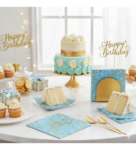 Varaklı Happy Birthday Yazılı Mavi Peçete Gold Üst Baskılı Doğum Günü Parti Peçetesi